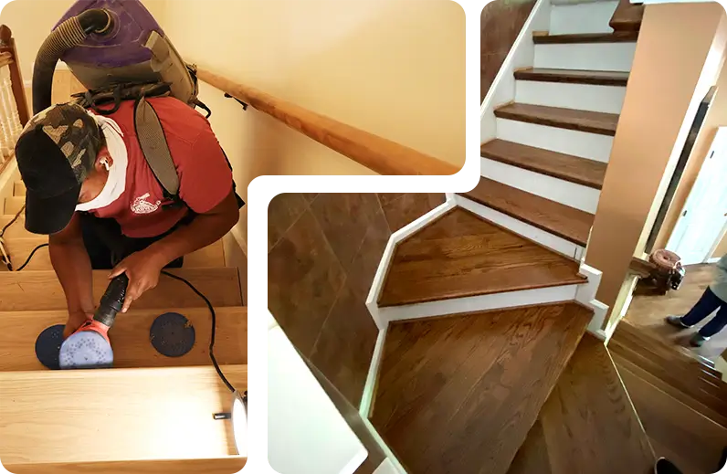 Technician refinishing hardwood stairs Morrisville NC