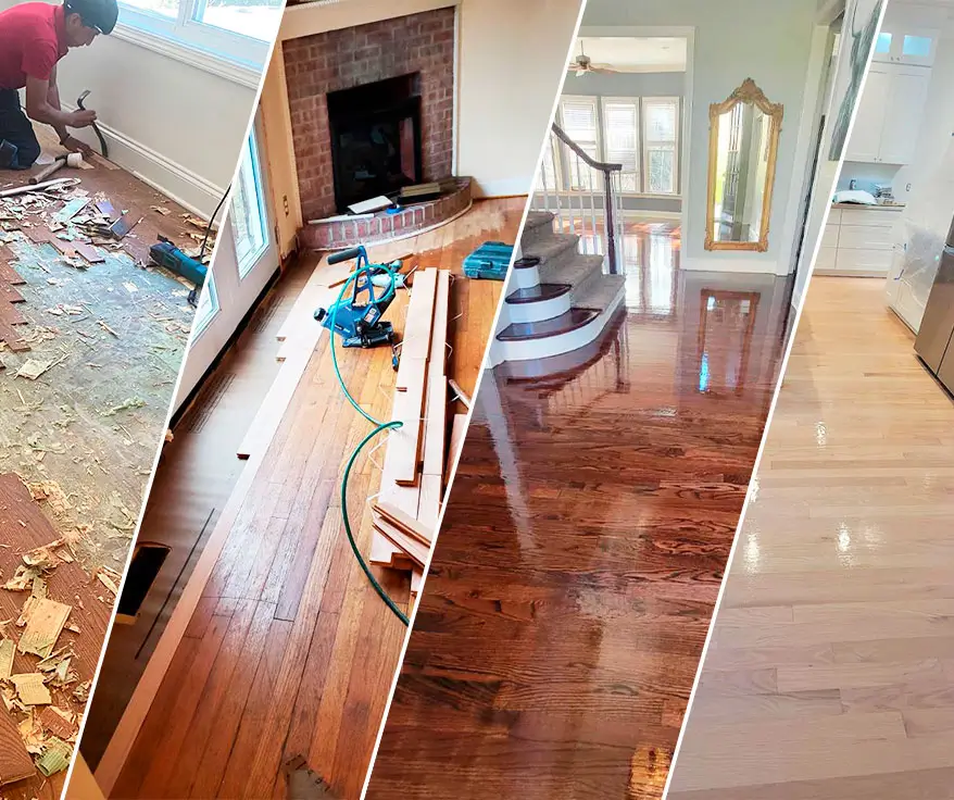 Four-step hardwood refinishing process diagram