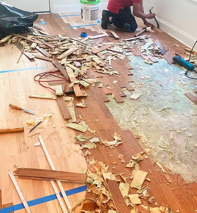 DIY hardwood flooring mistakes showing damaged floors
